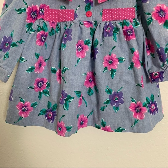 Vintage Toddler Girl Floral Polka Dot Dress 3T Big Collar Chambray 80s Cute Pink - Picture 9 of 14
